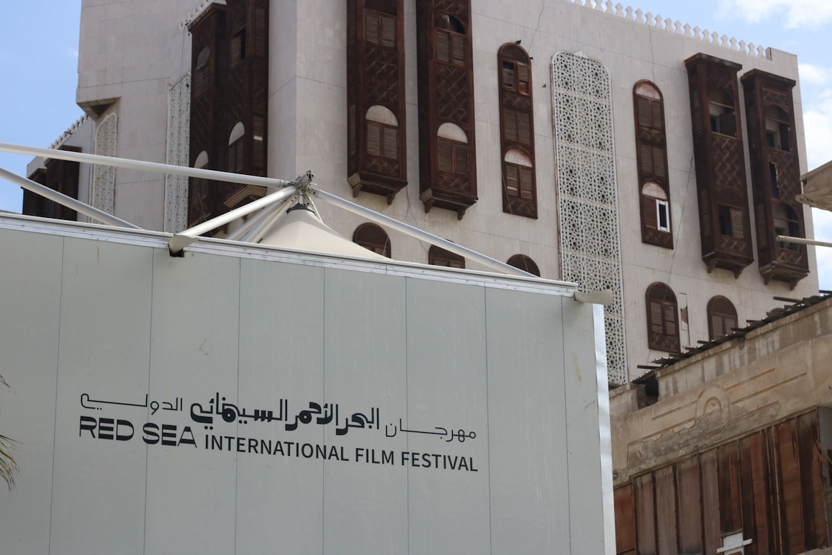 Red Sea International Film Festival sign in front of traditional Al-Balad heritage buildings in Jeddah