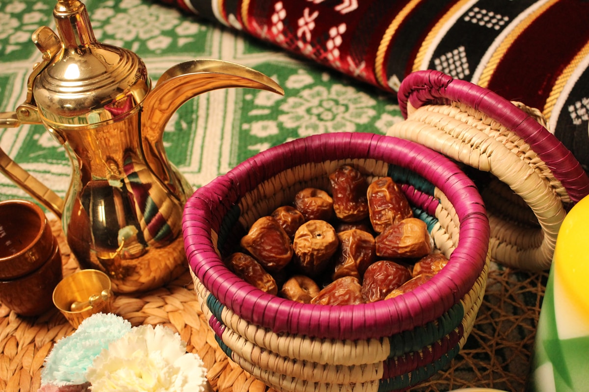 Traditional Arabic dishes and dates served at a restaurant in AlUla, Saudi Arabia