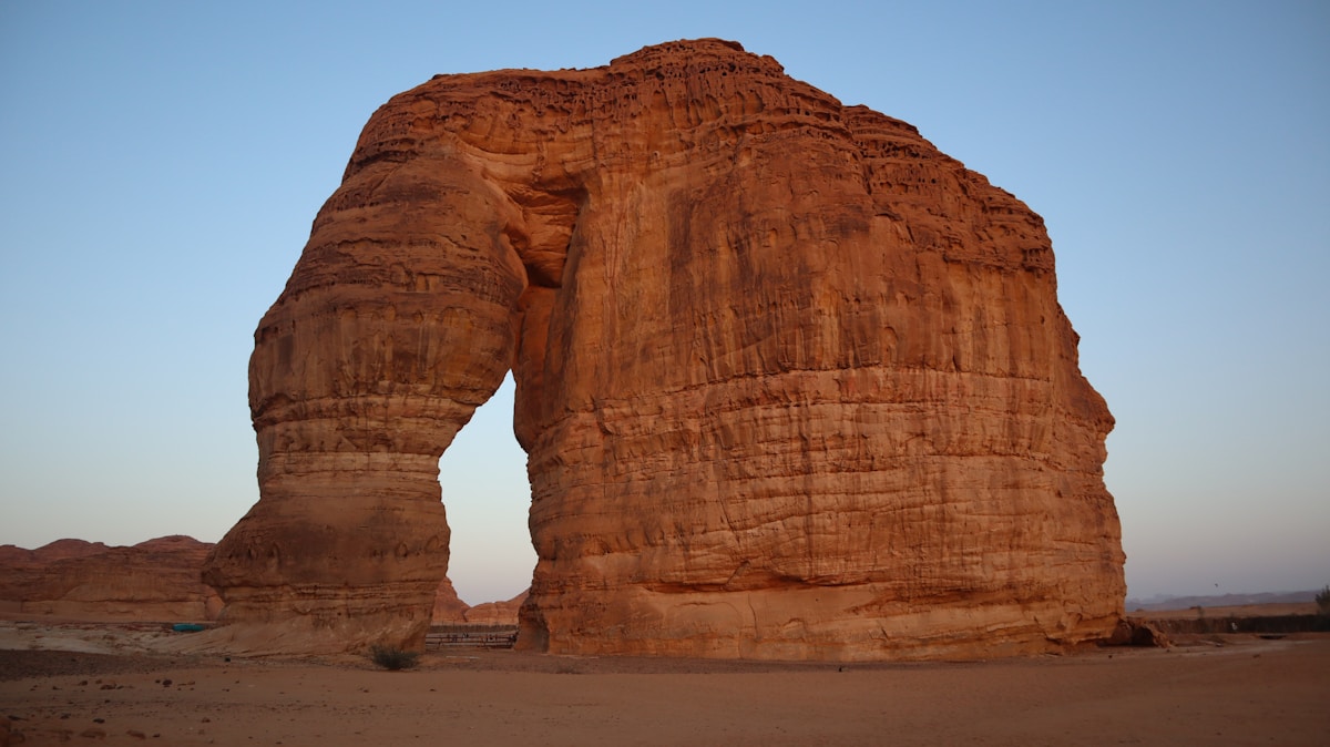 Elephant Rock (Jabal al-Fil) sandstone formation illuminated at sunset in the AlUla Valley