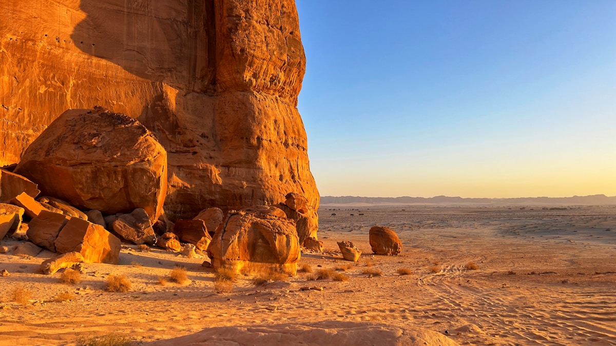 Mountain and sandstone boulders in the AlUla landscape, Saudi Arabia