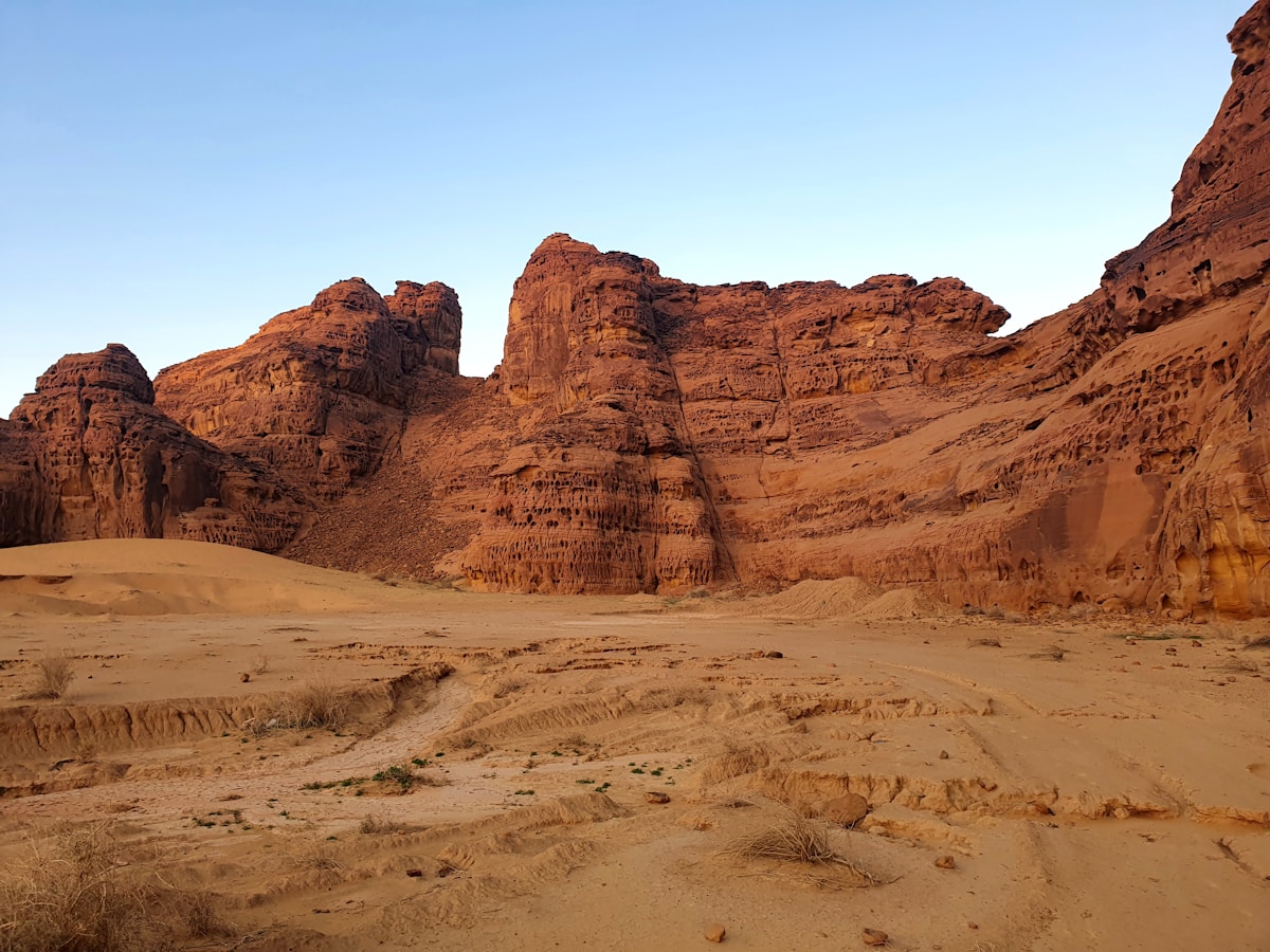 AlUla rock formations under a clear blue sky, Saudi Arabia