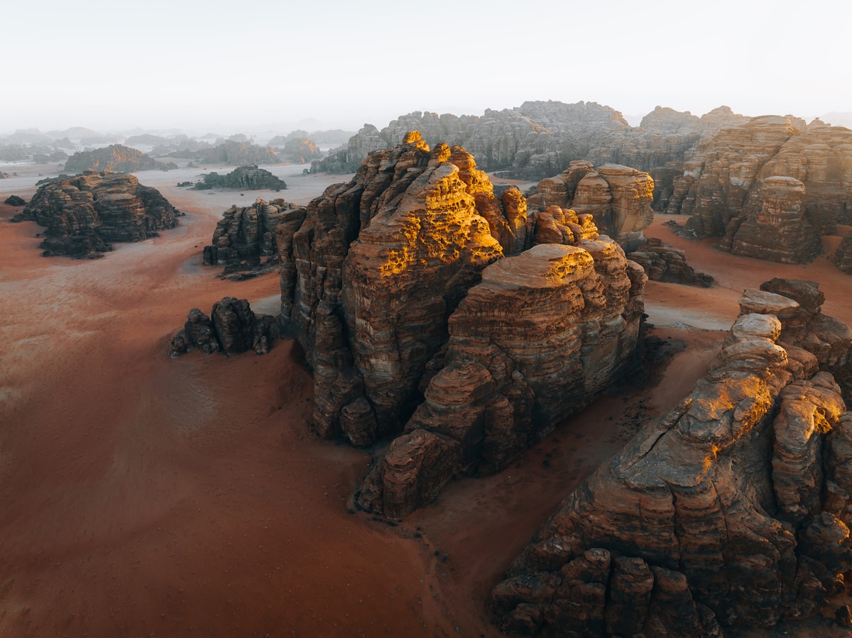 Aerial view of Hisma Desert rock formations and red sand, Saudi Arabia