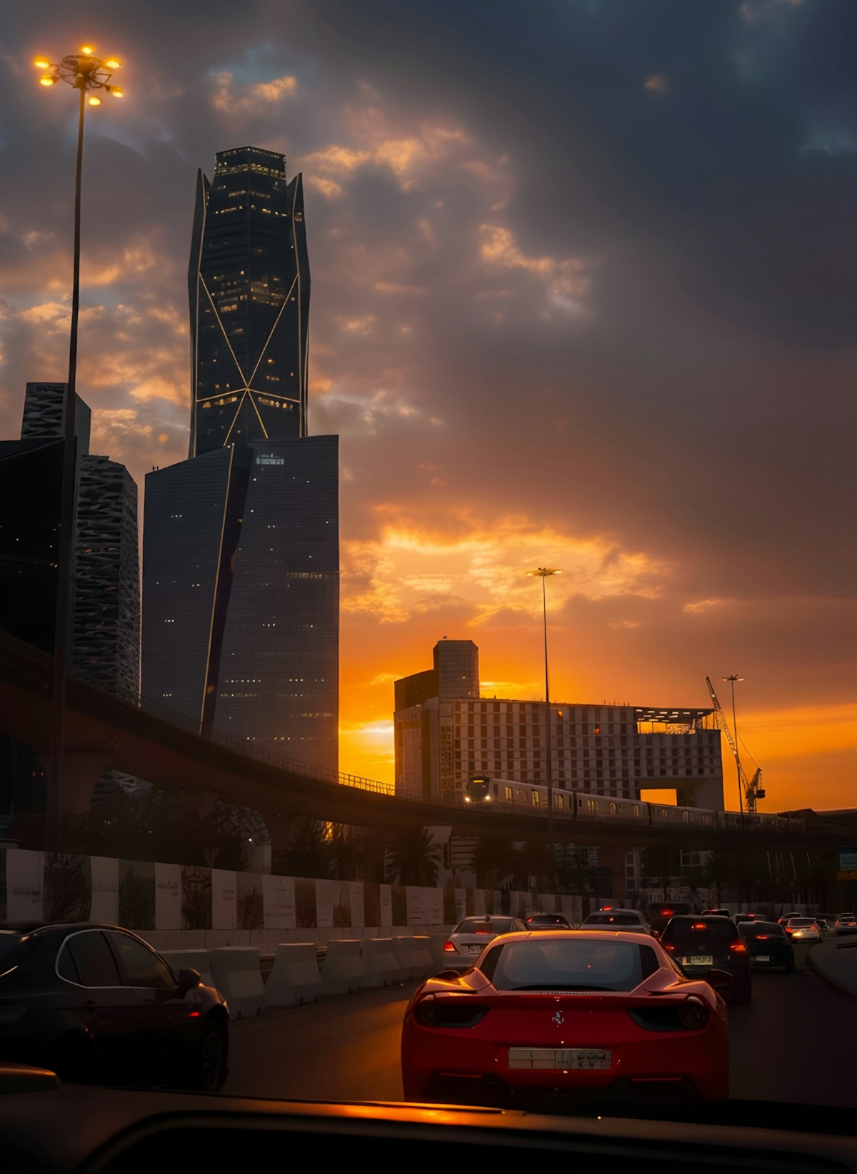 Riyadh skyline at sunset with KAFD towers and highway traffic