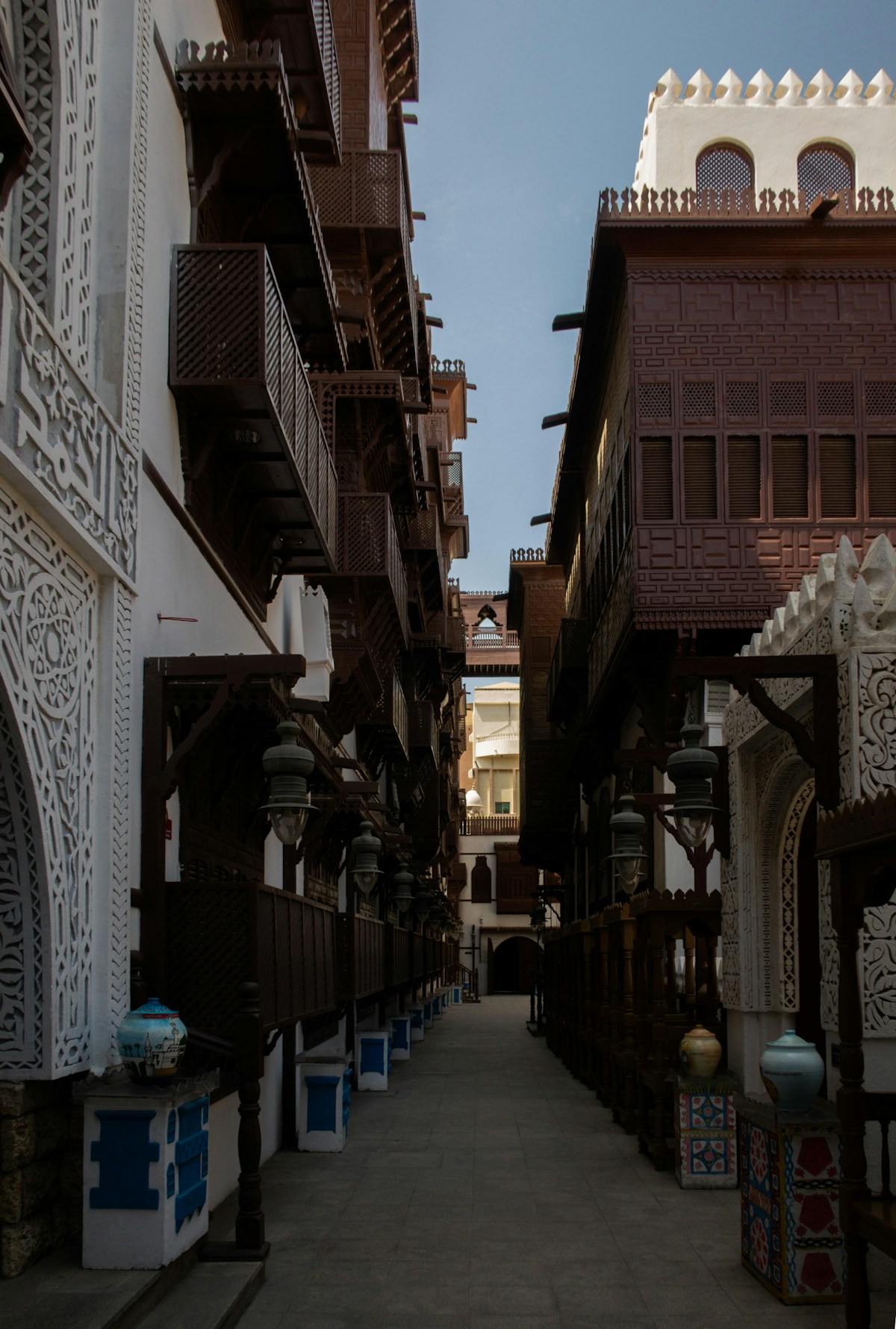 Al-Balad Jeddah historic district with ornate Rawasheen carved wooden balconies on traditional Hijazi buildings