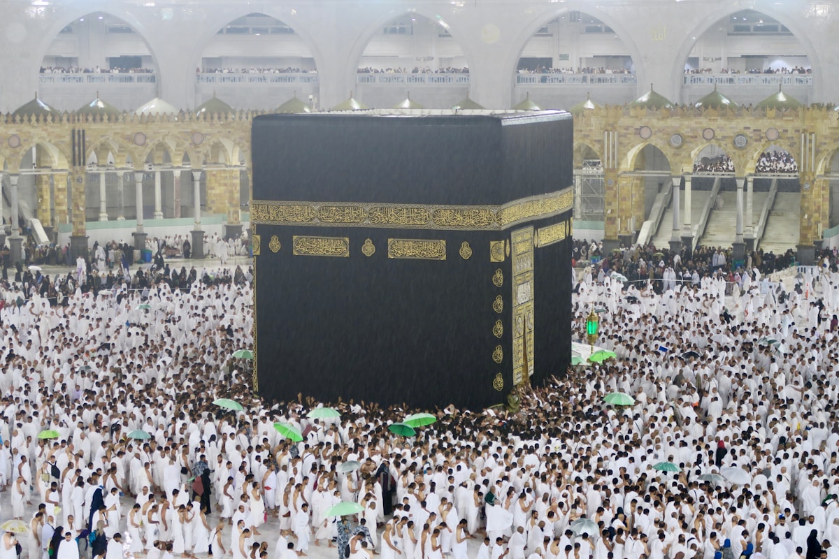 Millions of pilgrims performing Tawaf around the Kaaba at Al-Masjid al-Haram during Hajj