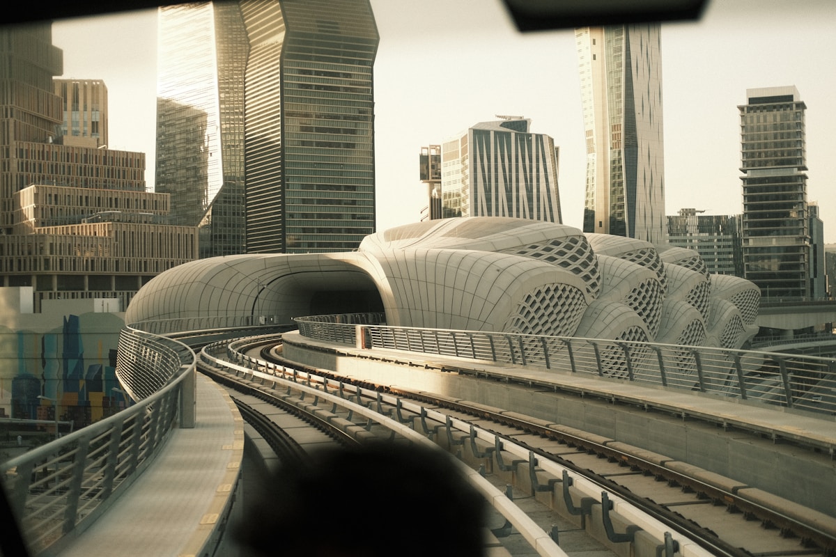 Futuristic elevated metro train tracks and modern architecture at Riyadh Metro station, Saudi Arabia