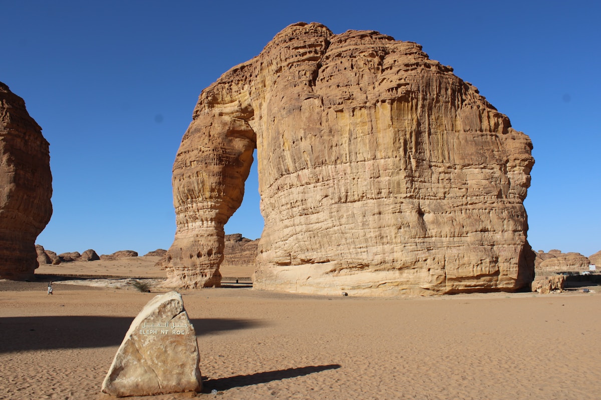 Elephant Rock formation in the desert at AlUla, Saudi Arabia, under a clear blue sky