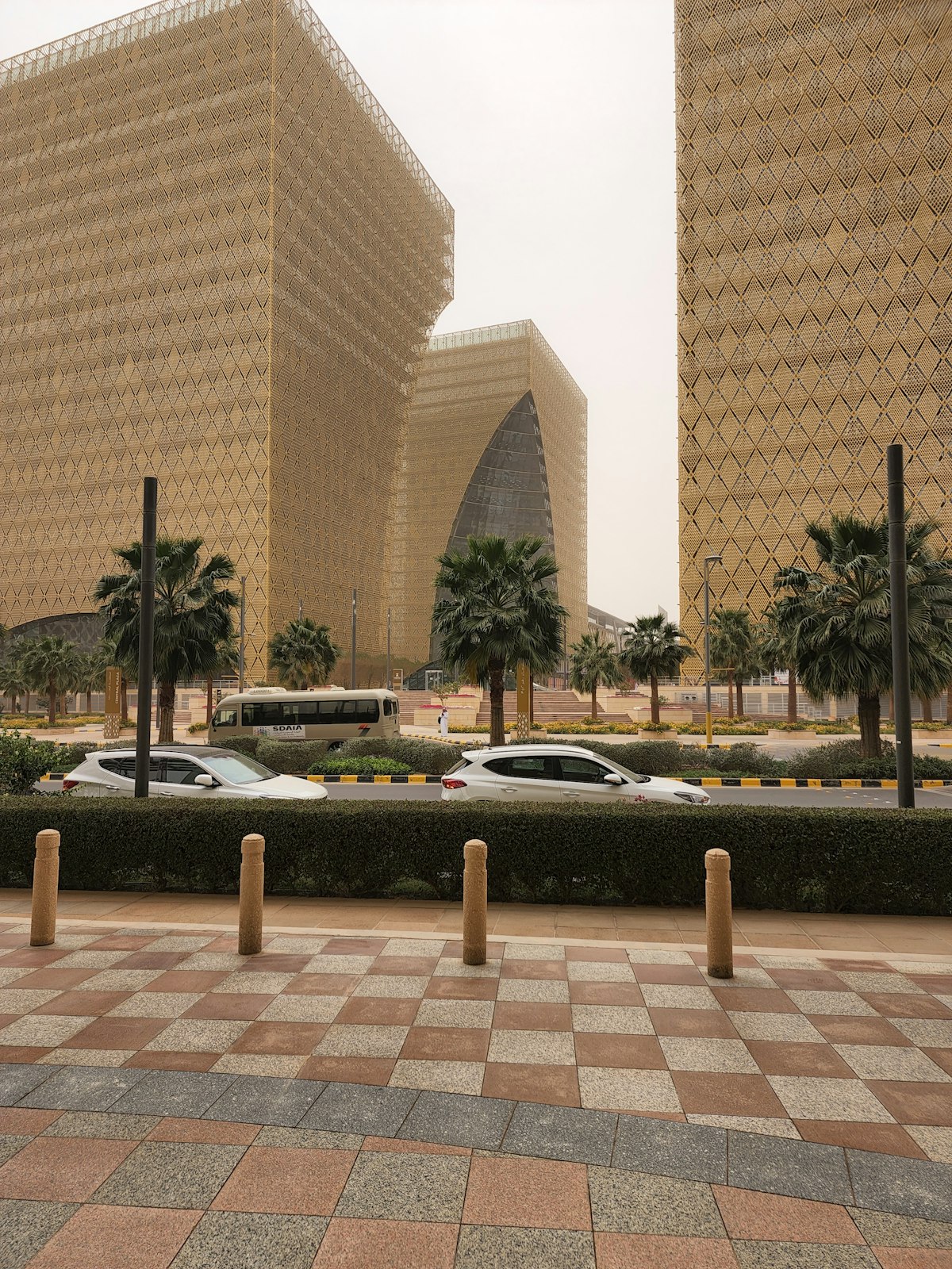 Modern lattice-facade buildings in Riyadh's entertainment district