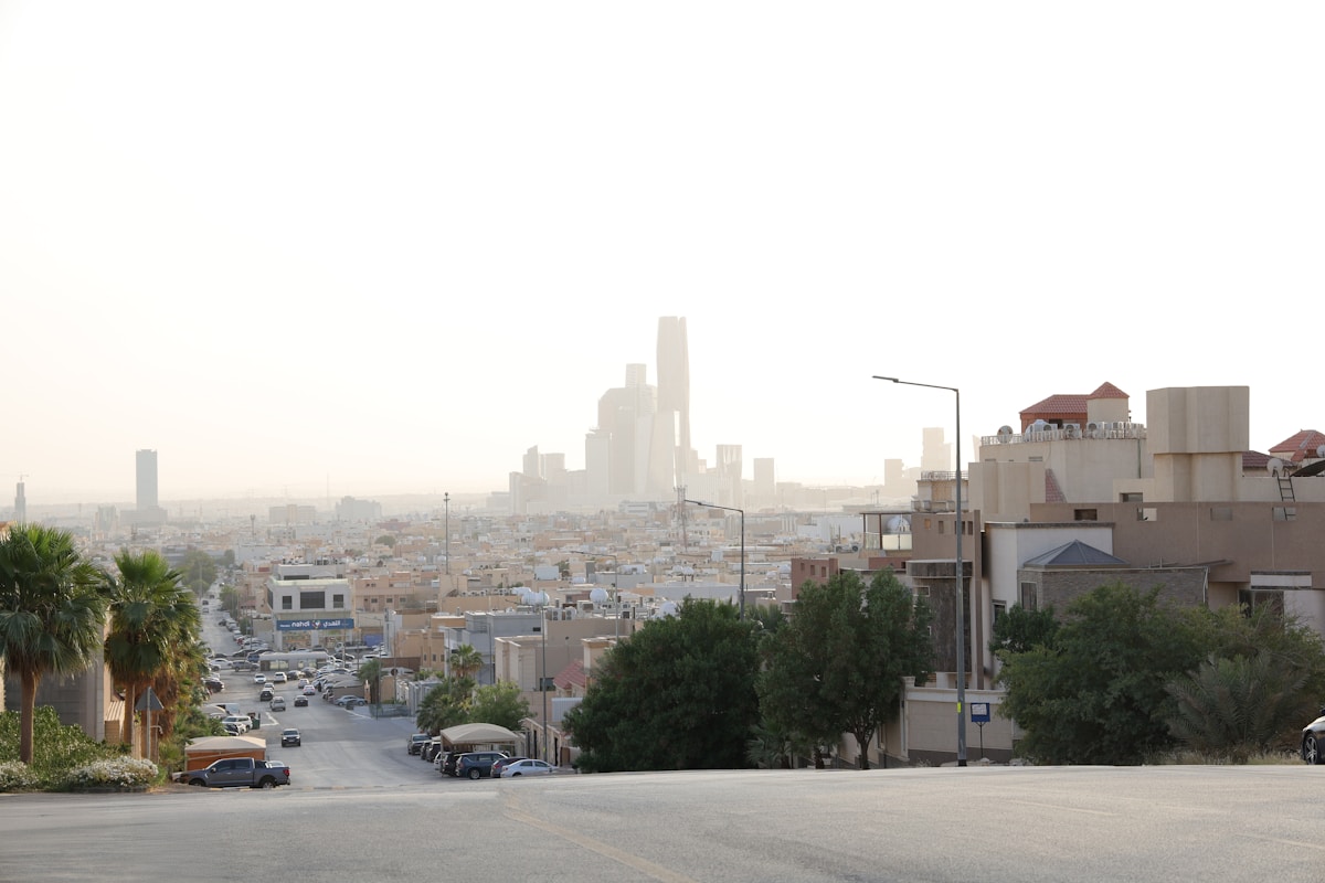 Riyadh city skyline with modern skyscrapers in the distance, Saudi Arabia