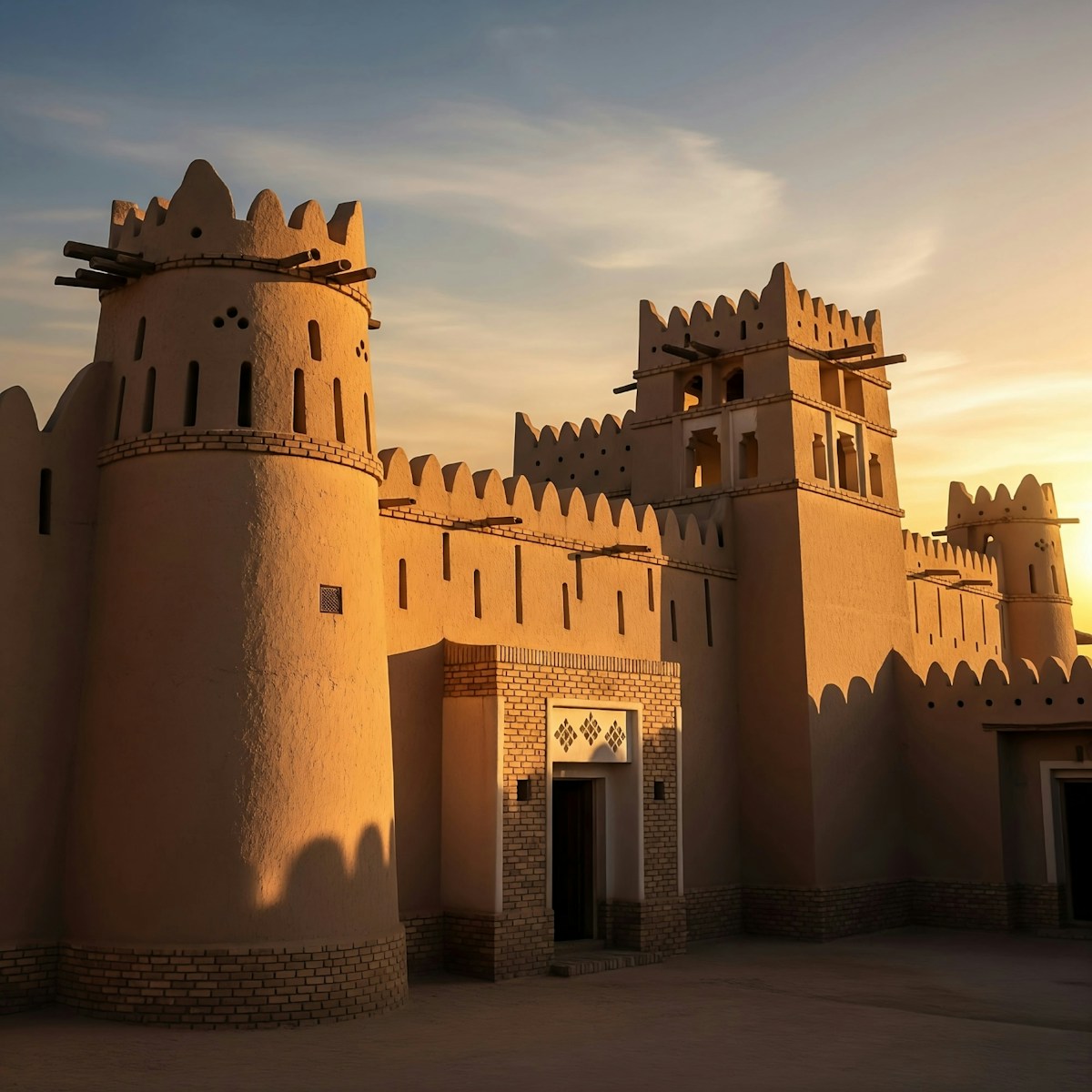 Traditional Najdi mud-brick architecture at golden hour - heritage district of Riyadh